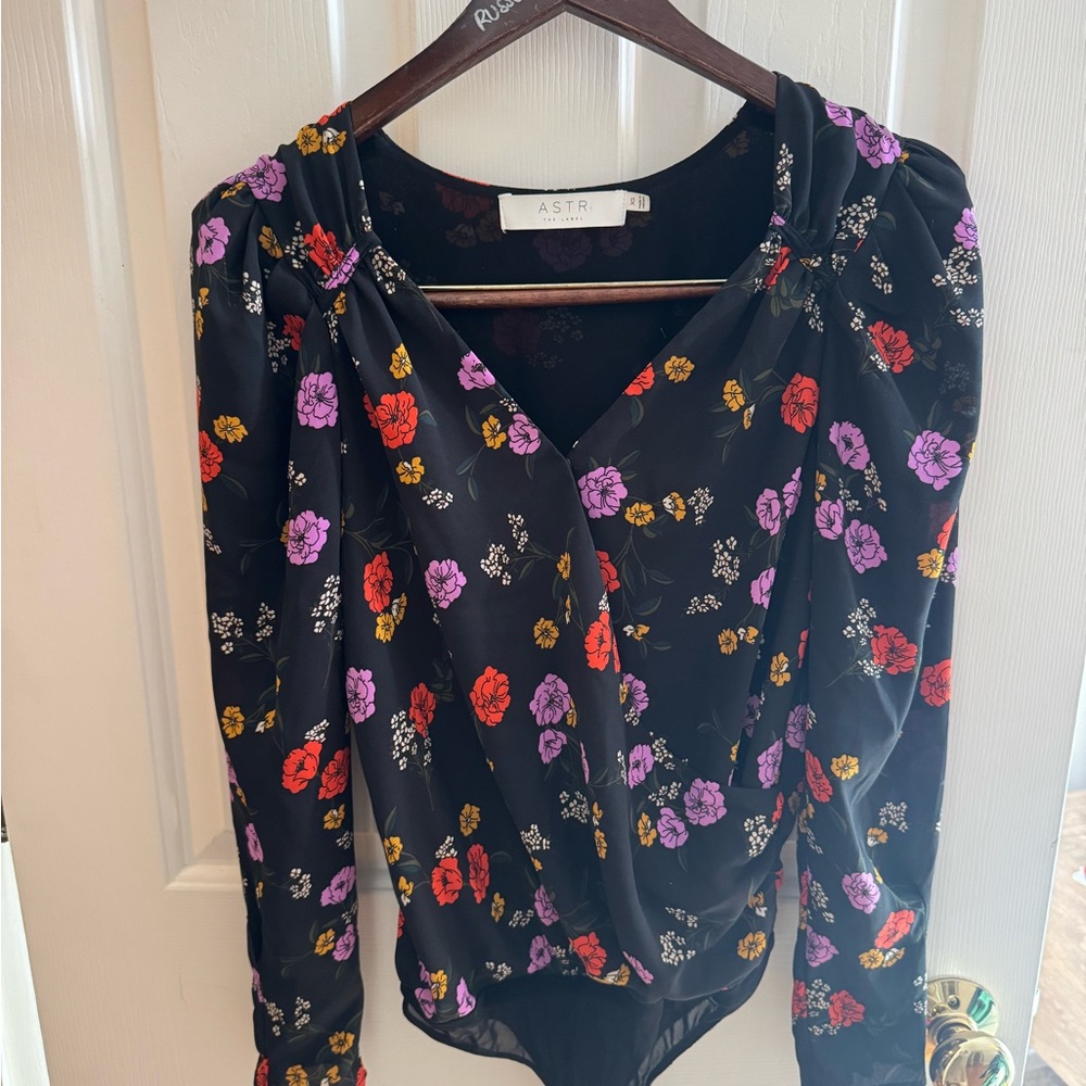ASTR Black Blouse with Red and Purple Floral Design